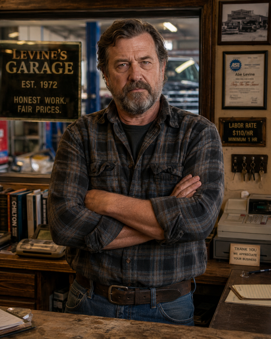 Abe Levine standing behind the counter at Levine's Garage