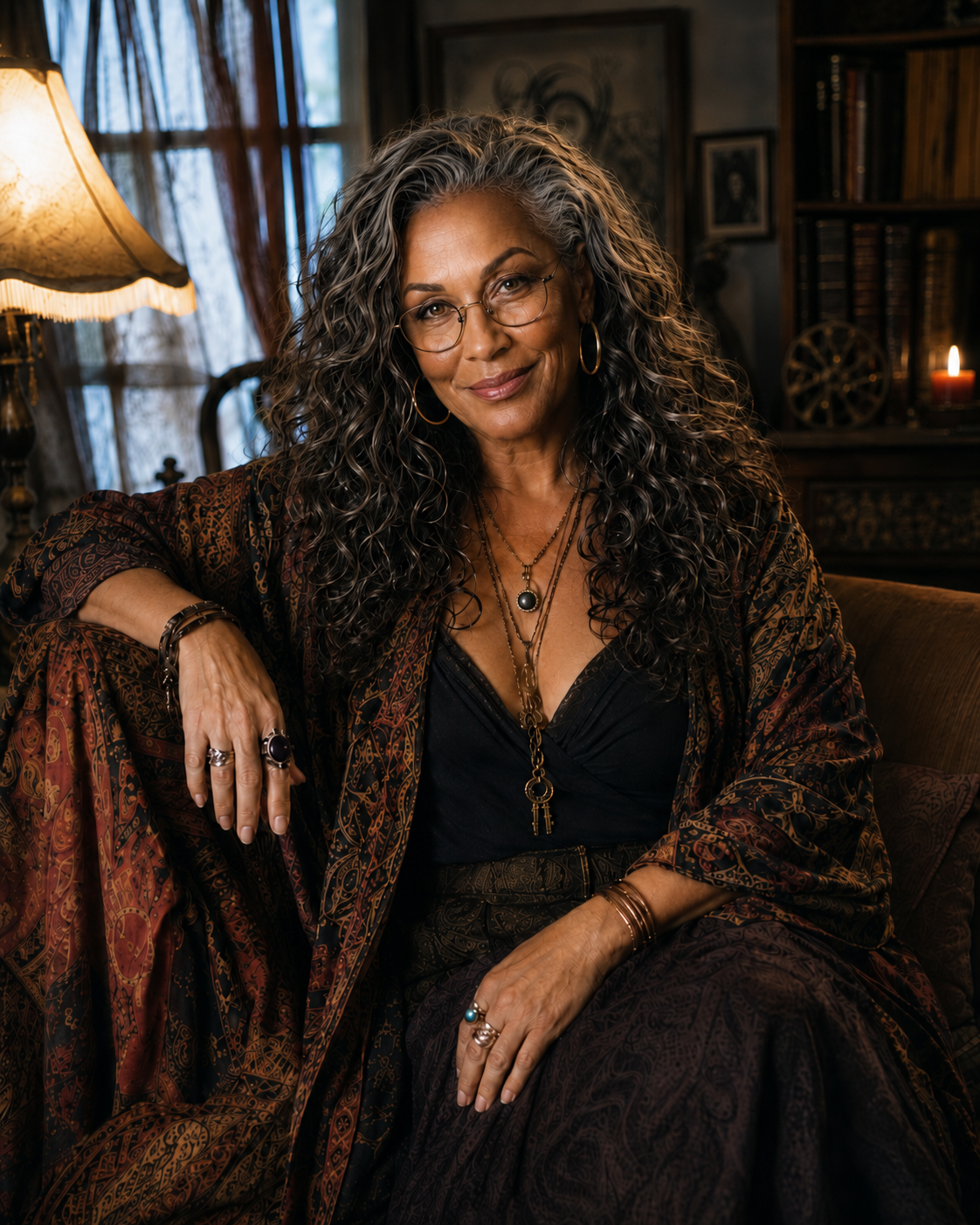 Aunt Catherine Moone seated in a warm lamplit room surrounded by books and old magic