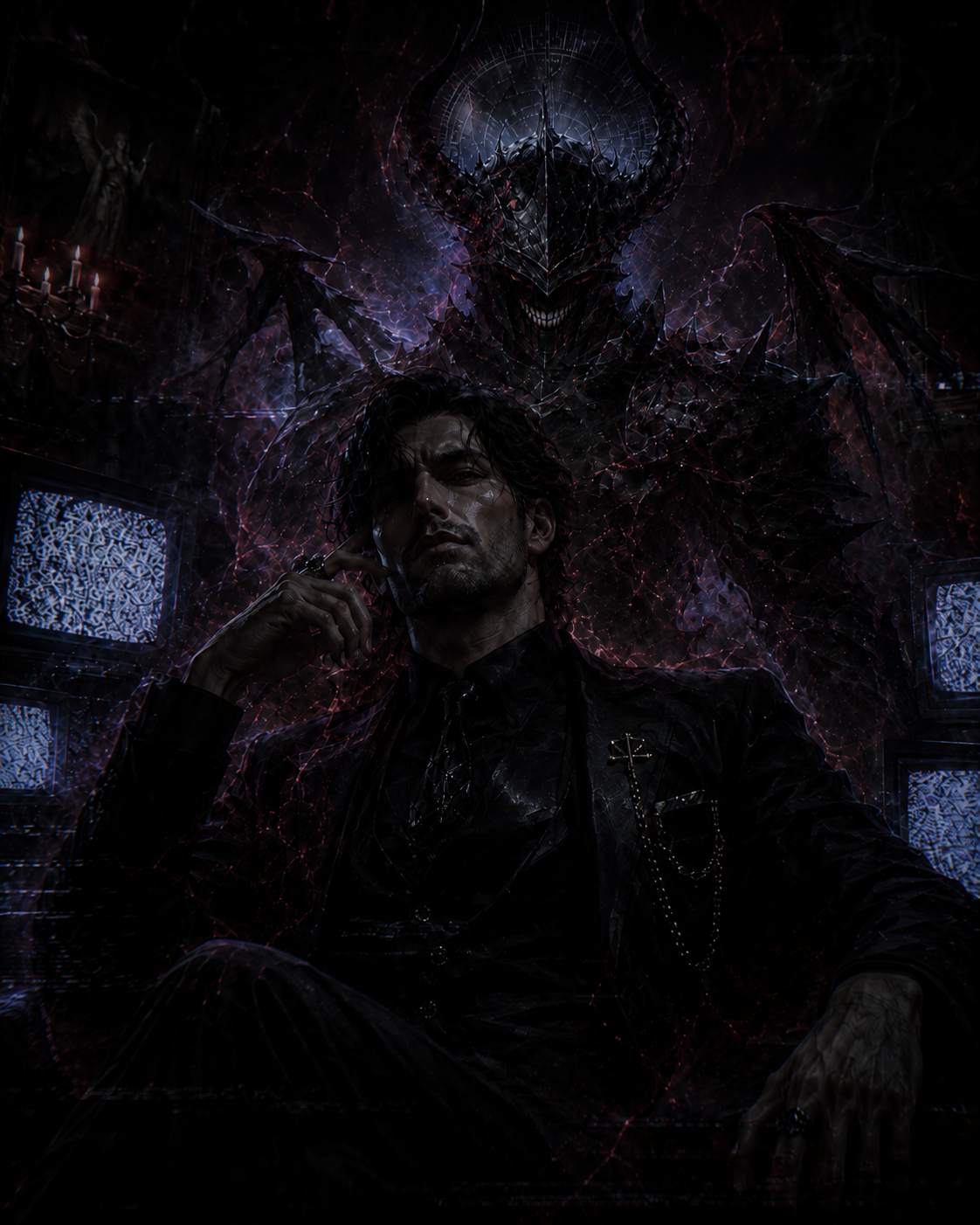 Caym seated in shadow with infernal static and a monstrous presence behind him