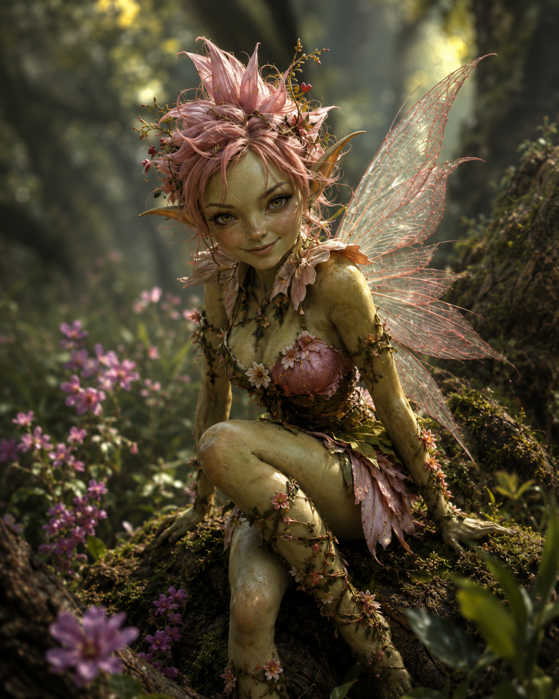 Petal perched in the forest, all flower-wings and dangerous charm