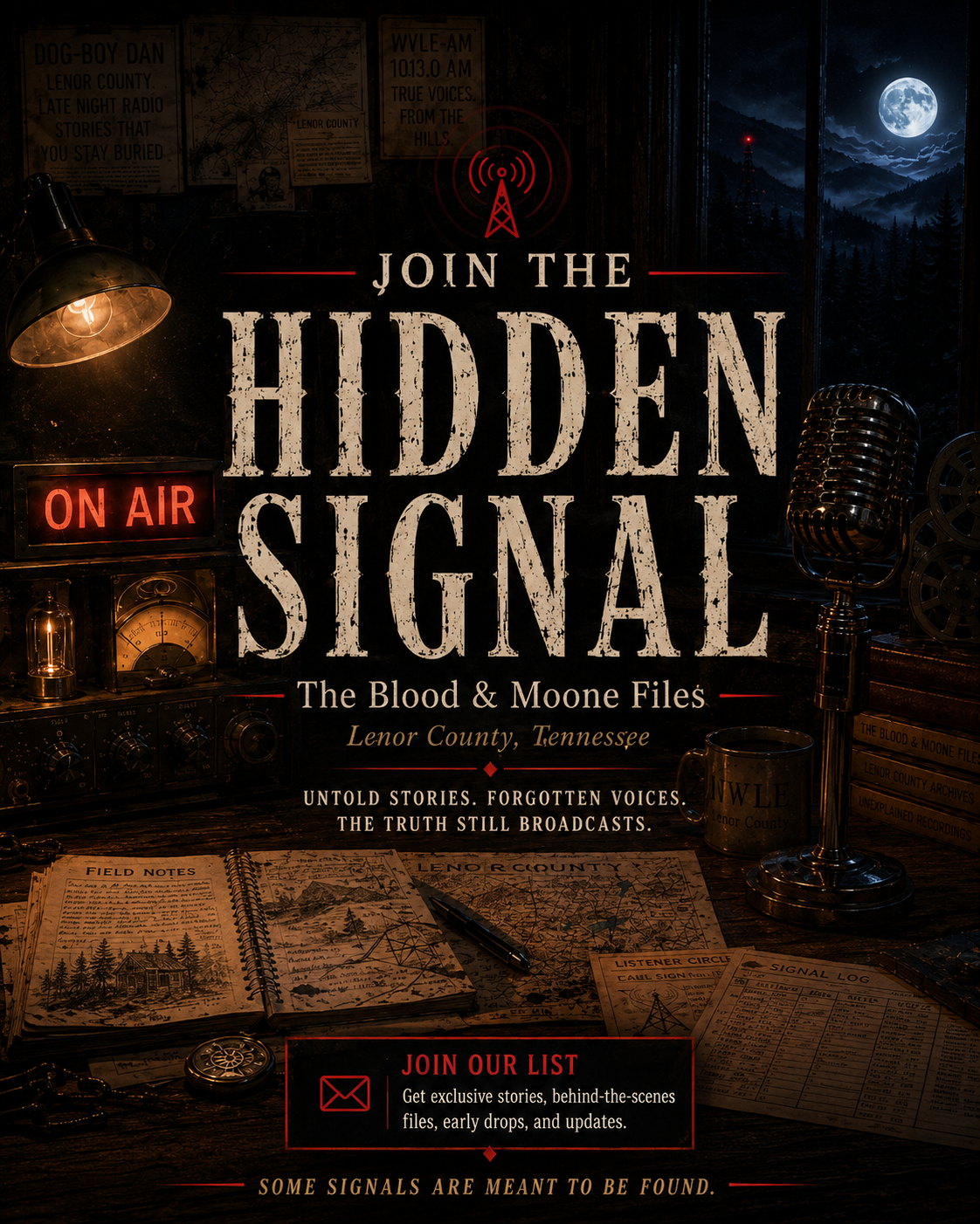 Join the Hidden Signal artwork with radio gear, moonlight, and Deep Files atmosphere