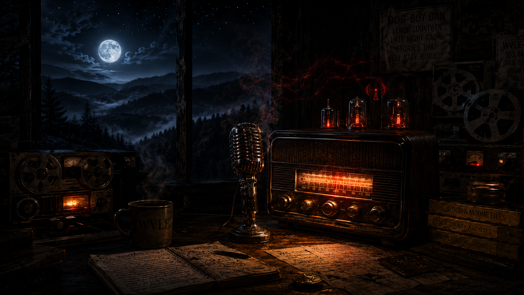 A glowing radio setup overlooking Lenor County at night