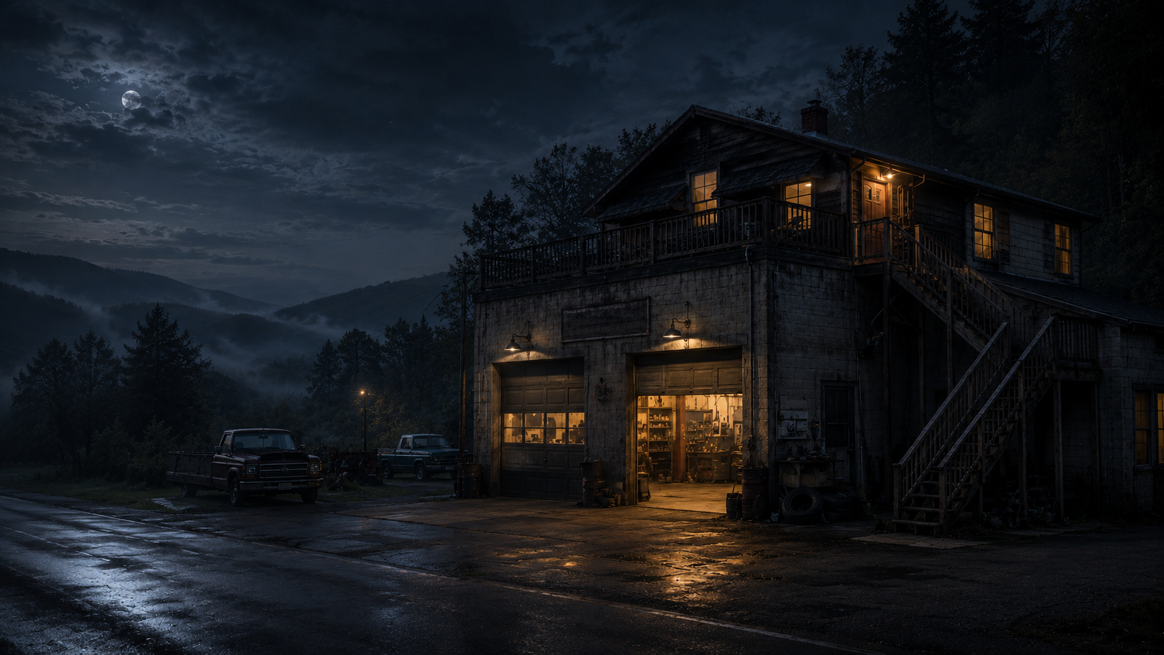 Levine's Garage lit up at night under the East Tennessee sky